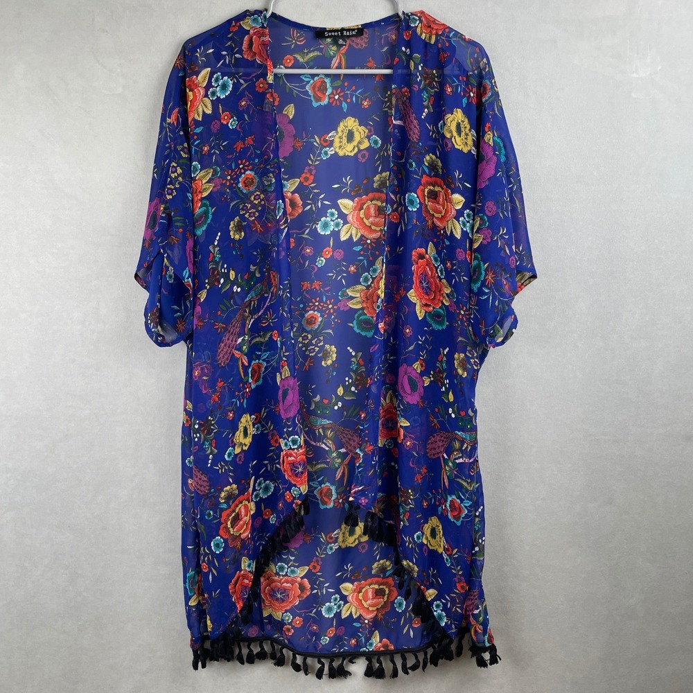 Sweet Rain Blue Floral Peacock Sheer Kimono Cardigan Tassel Fringe Festival XL